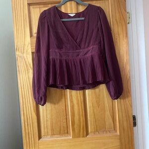 Lucky Brand Women’s Burgundy Peplum Long Sleeve Blouse with sheer Sleeves